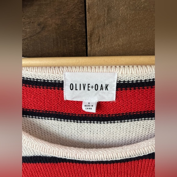 Olive + Oak Red White Striped Knit Tie Front Sweater Nautical Coastal Pullover - Picture 9 of 10